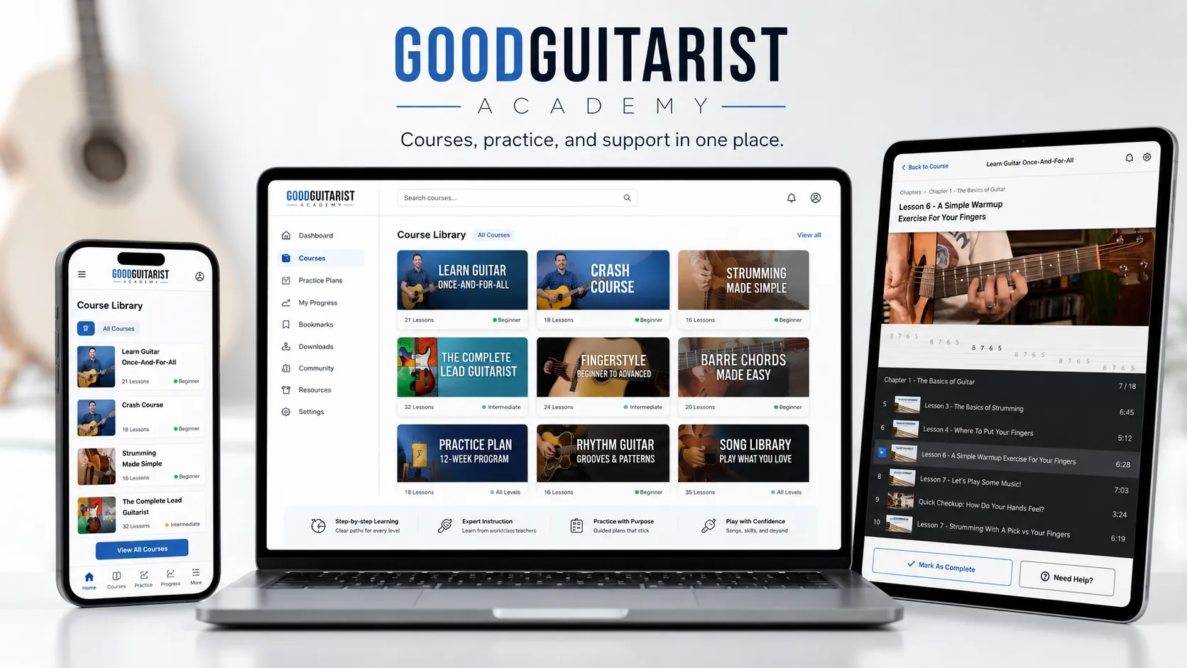 GoodGuitarist Academy course platform shown on a laptop, tablet, and phone with course library and lesson player screens.