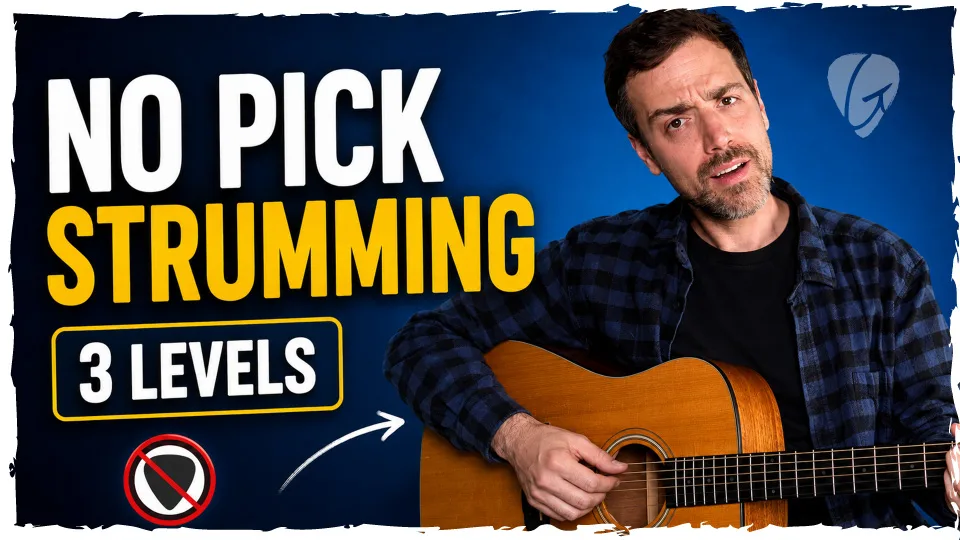 James from Good Guitarist demonstrating how to strum an acoustic guitar without a pick using his fingers